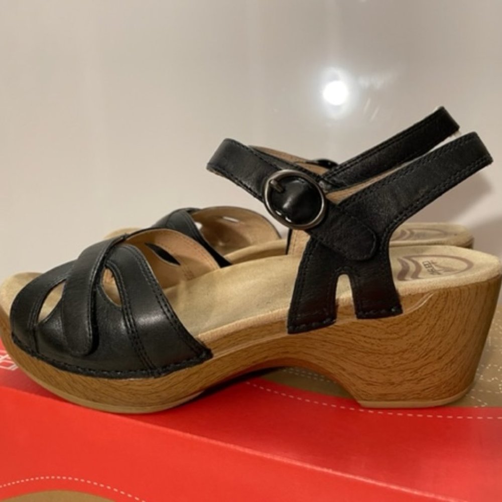 Dansko Wedge Heel Sandal, Black Leather, Size 7.5 - 8